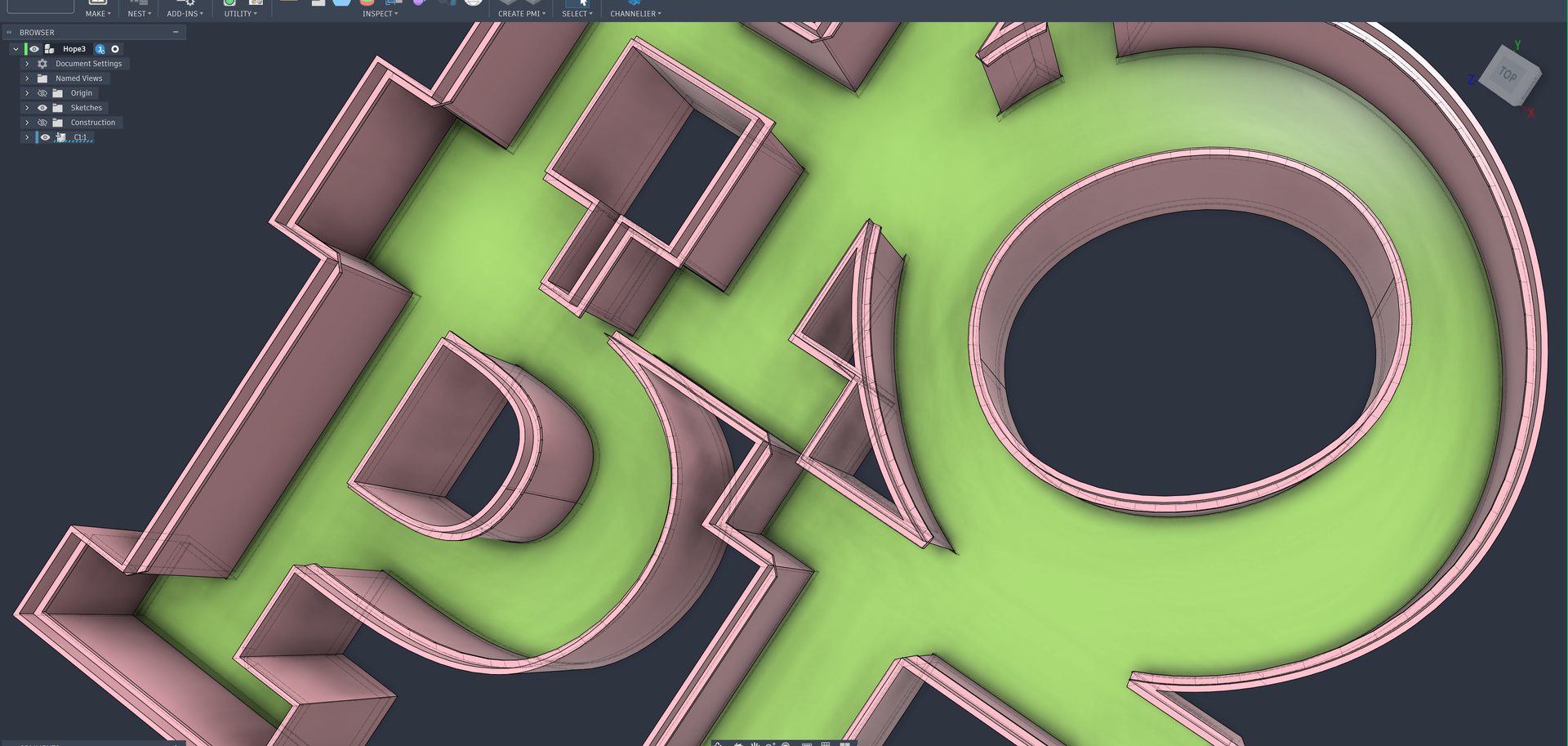 Overlapping channel letters modelled by Glyph Channelier, dark Fusion theme