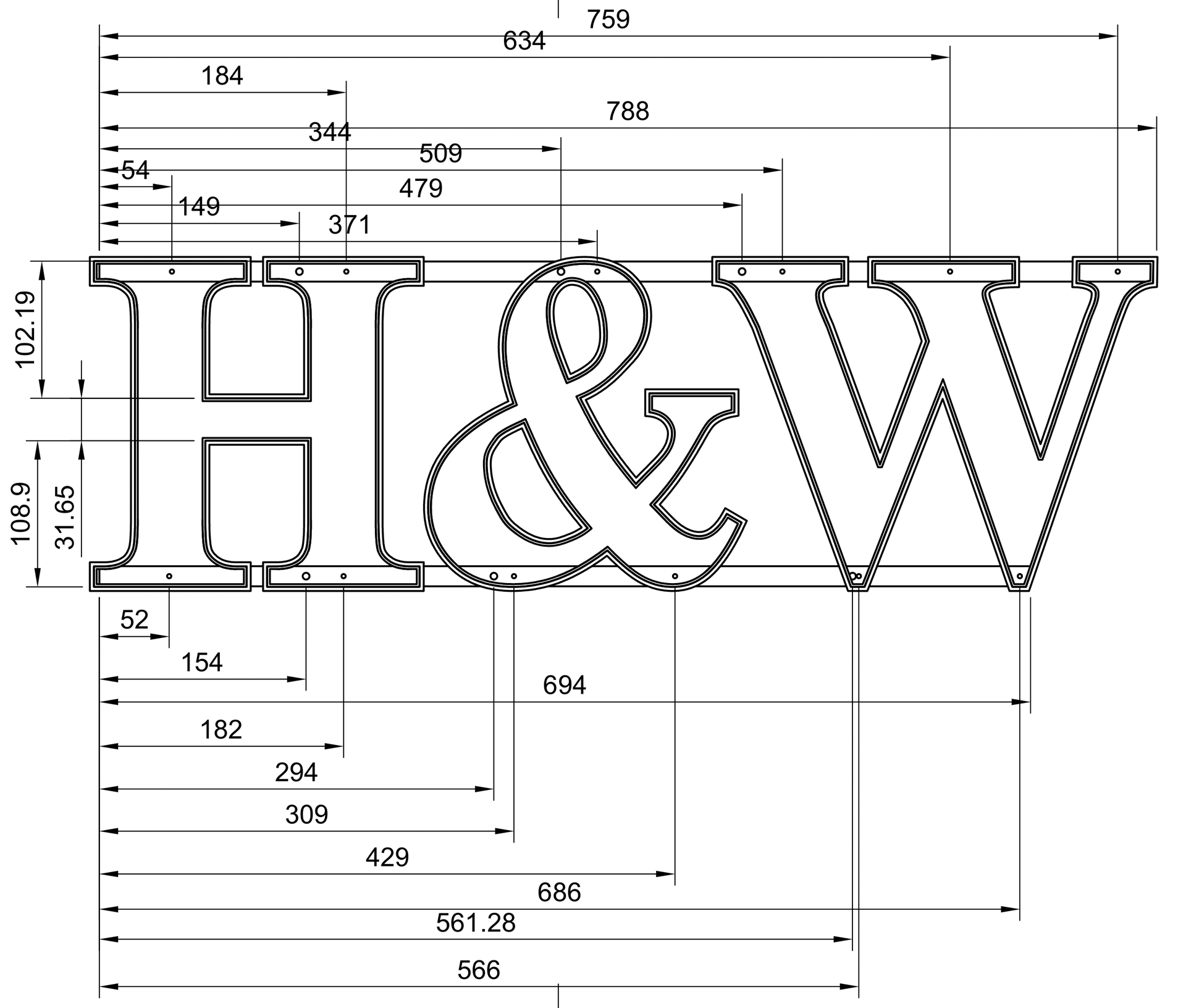 Drawing of the H&W sign: 788 mm long, with the hole positions for the rails