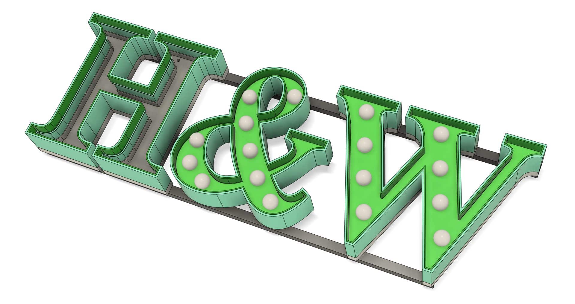 H&W letters in Autodesk Fusion 360: walls, glass, bulbs and two mounting rails