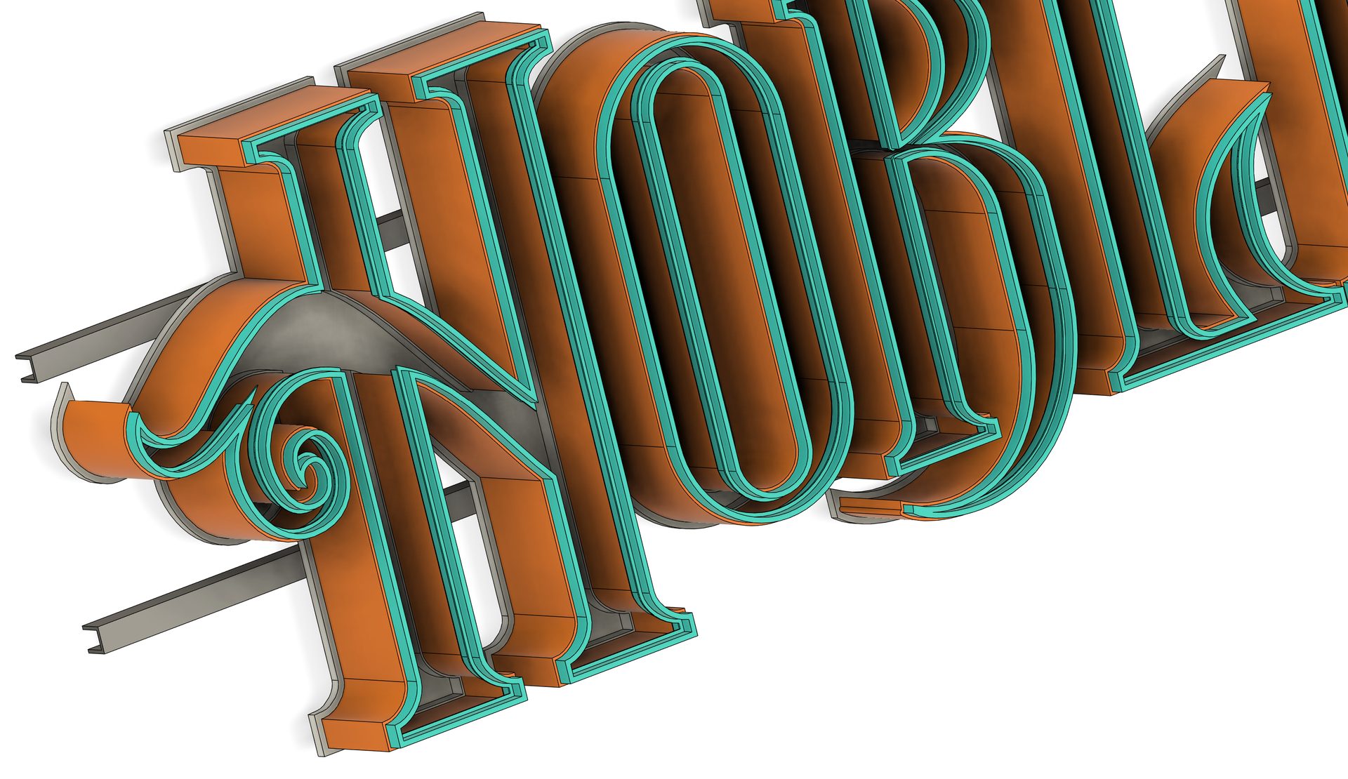 Hoblík sign in Autodesk Fusion 360: stacked letters in two layers on two rails