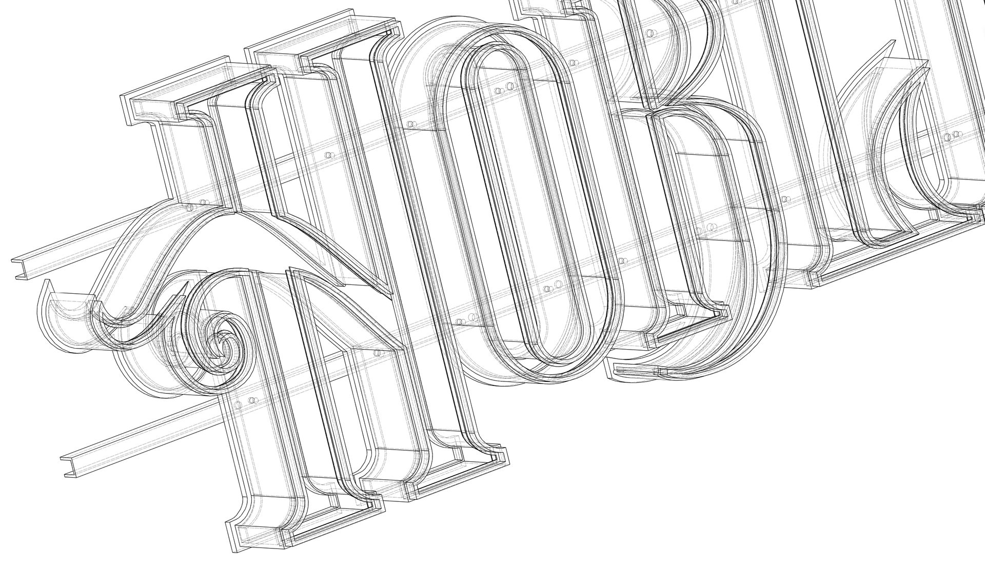 Hoblík sign in Autodesk Fusion 360 as a wireframe: walls, glass and rails of each letter