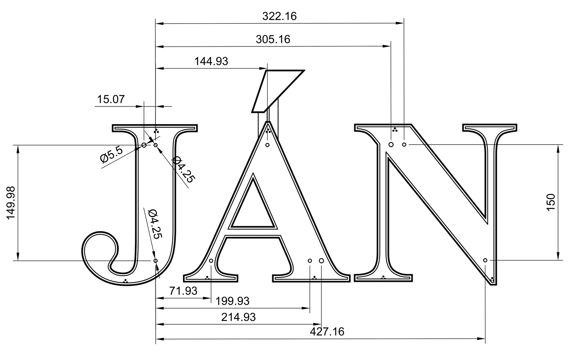 Drilling template for the letters J, Á and N with the hole positions for the rails