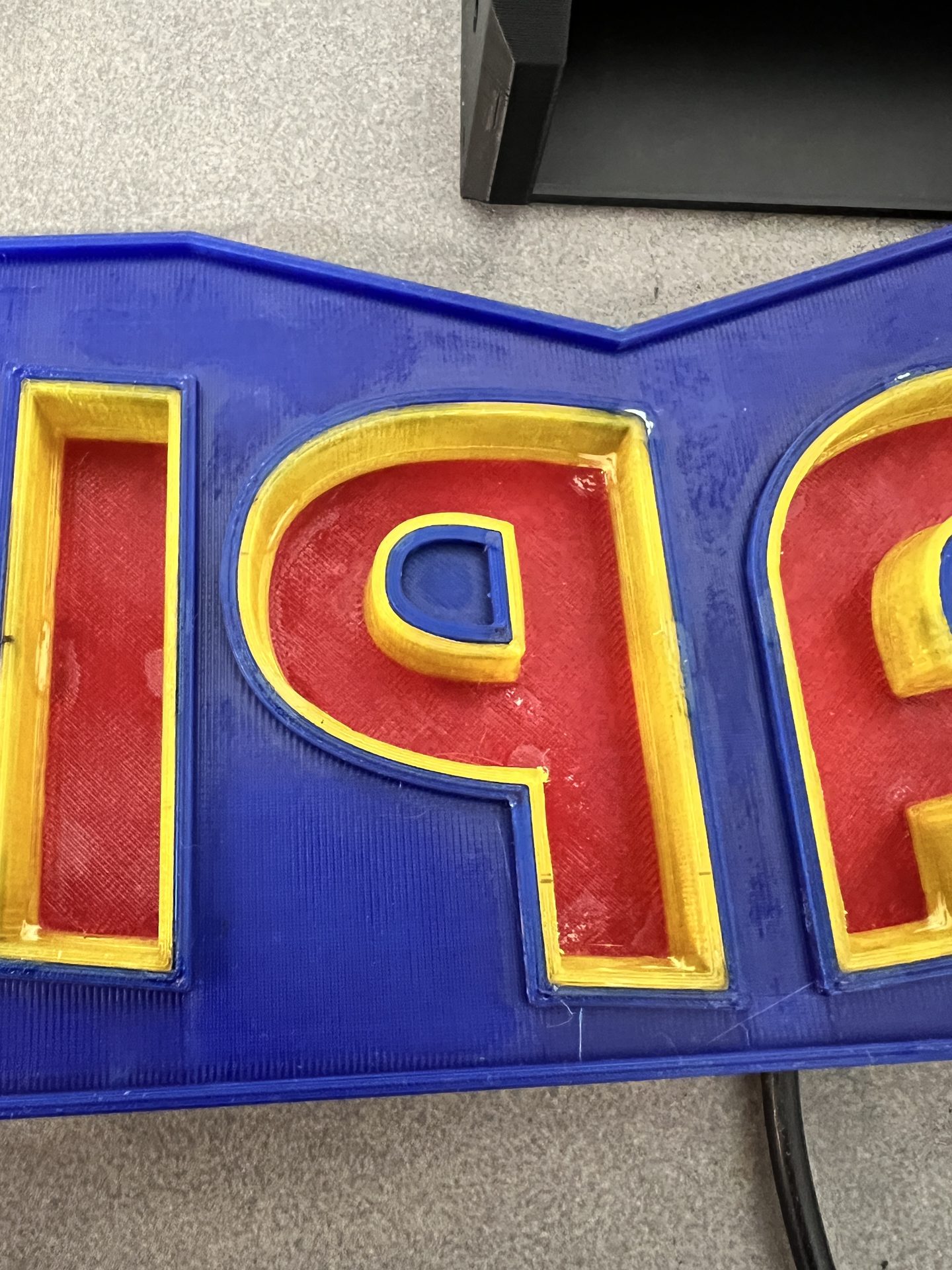 Inside of 3D-printed channel letters: walls, bottom and coloured glass